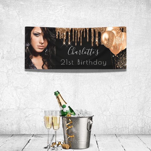 誕生日フォトブラック金ゴールドグリッターモノグラム 横断幕