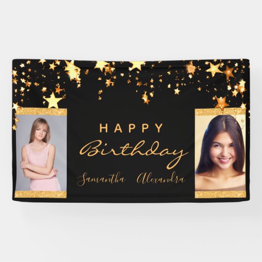 誕生日フォトブラック金ゴールドスター二人の友人ツインズ 横断幕 (横)