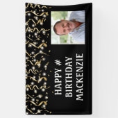 誕生日フォトブラック金ゴールドストリーマーパーソナライズされた 横断幕 (縦)