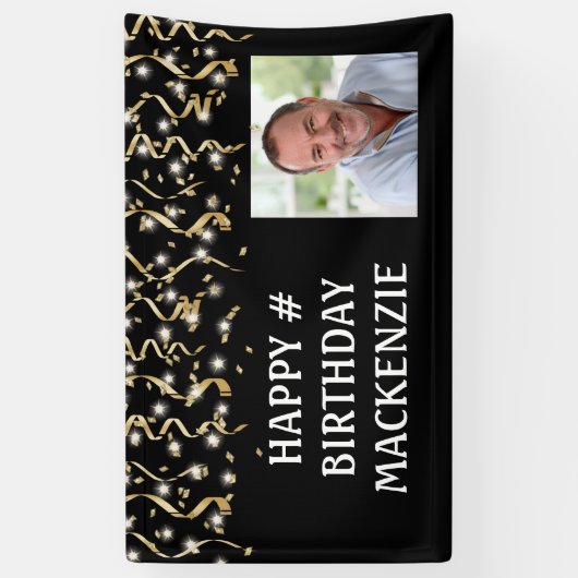 誕生日フォトブラック金ゴールドストリーマーパーソナライズされた 横断幕 (縦)