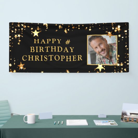 誕生日フォトブラック金ゴールド星パーソナライズされた 横断幕 (トレードショー)