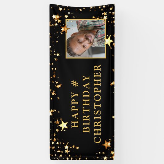 誕生日フォトブラック金ゴールド星パーソナライズされた 横断幕 (縦)