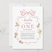 誕生日フォトワイルドフラワーピンクコケットボウ 招待状 (正面)