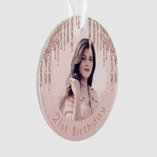 誕生日フォト赤面ピンクのバラ金ゴールド乾燥 オーナメント (正面)