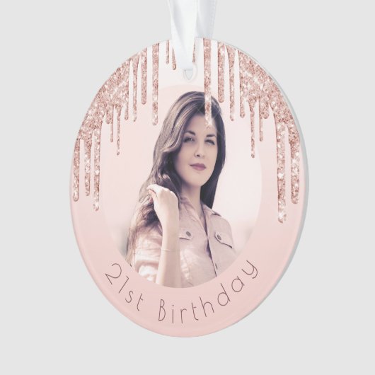 誕生日フォト赤面ピンクのバラ金ゴールド乾燥 オーナメント (正面)