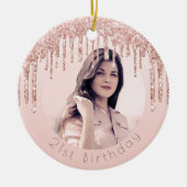 誕生日フォト赤面ピンクローズ金ゴールドグリッター セラミックオーナメント (正面)