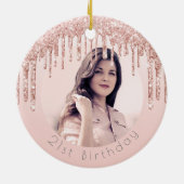 誕生日フォト赤面ピンクローズ金ゴールドグリッター セラミックオーナメント (裏面)