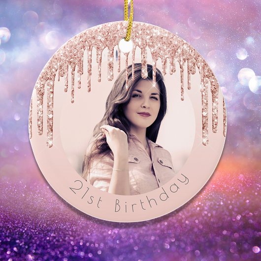 誕生日フォト赤面ピンクローズ金ゴールドグリッター セラミックオーナメント