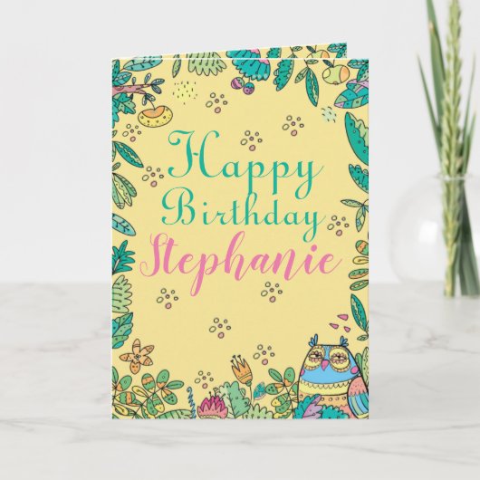 誕生日フクロウカラフルフォークアートタイポグラフィスケッチ カード (正面)
