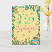 誕生日フクロウカラフルフォークアートタイポグラフィスケッチ カード (黄色い花)