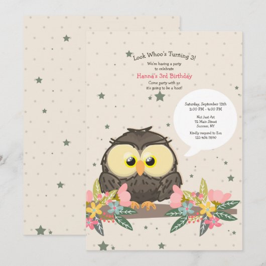 誕生日フクロウ 招待状 (正面/裏面)