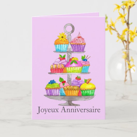 誕生日フランスのウォーターのカップケーキカード カード (黄色い花)