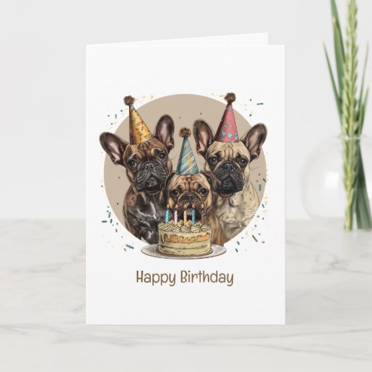 誕生日フランスのブルドッグパーティー帽子 カード (正面)