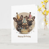 誕生日フランスのブルドッグパーティー帽子 カード (黄色い花)