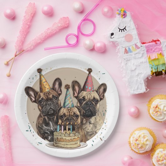 誕生日フランスのブルドッグパーティー帽子 ペーパープレート (パーティー)