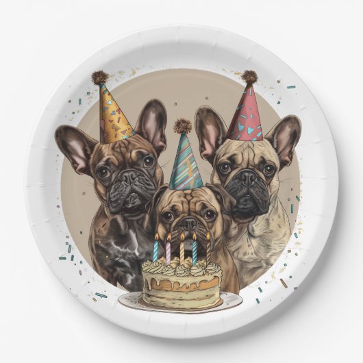 誕生日フランスのブルドッグパーティー帽子 ペーパープレート (正面)