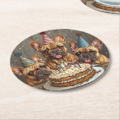 誕生日フランスのブルドッグパーティー帽子 ラウンドペーパーコースター (アングル)