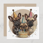 誕生日フランスのブルドッグパーティー帽子 招待状 (正面/裏面)