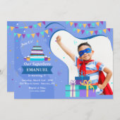 誕生日フレームブルーフォト招待状 招待状 (正面/裏面)