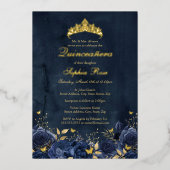 誕生日フローラバタフライティアラネイビーキンセアニェラ 箔招待状 (正面)