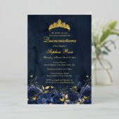 誕生日フローラバタフライティアラネイビーキンセアニェラ 箔招待状 (立ち正面)