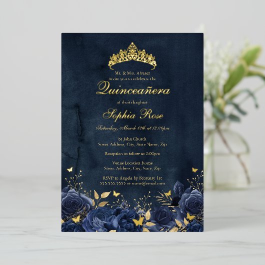 誕生日フローラバタフライティアラネイビーキンセアニェラ 箔招待状 (立ち正面)