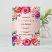 誕生日フローラバラ金ゴールド赤面エレガントピンク 招待状 (スタンド正面)