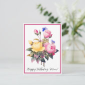 誕生日フローラピンクイエローローズパープルバタフライ ポストカード (スタンド正面)