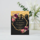 誕生日フローラブラック金ゴールドグリッターglam invitation ポストカード (スタンド正面)