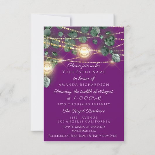 誕生日ブライダルシャワーライトジャルパープルメゾン 招待状 (正面)