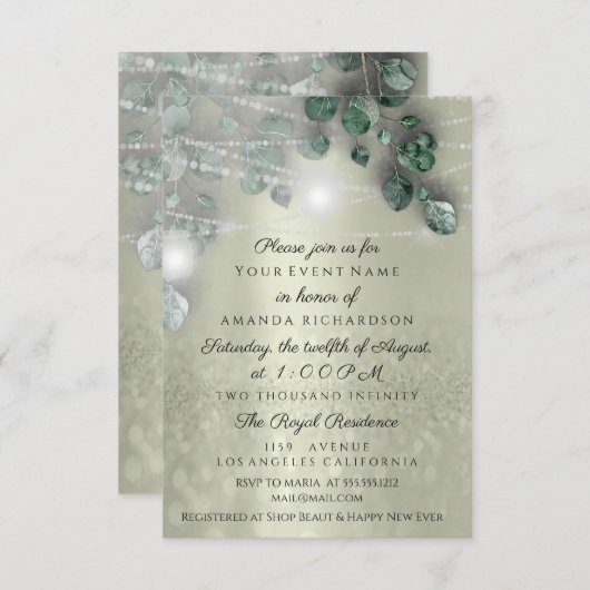 誕生日ブライダルシャワーライトジャールグリーン素朴リー 招待状 (正面/裏面)