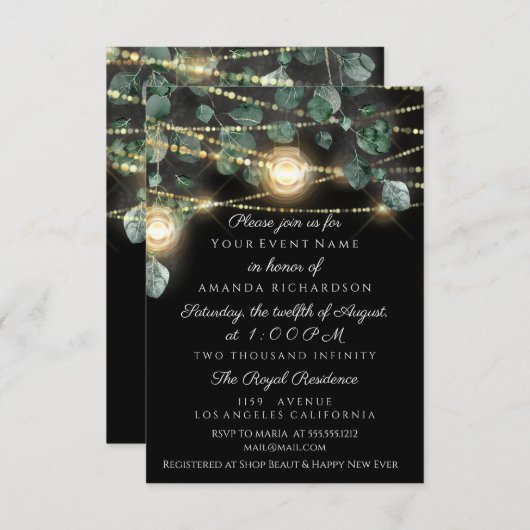 誕生日ブライダルシャワーライトジャールグ素朴リーン金ゴールド 招待状 (正面/裏面)