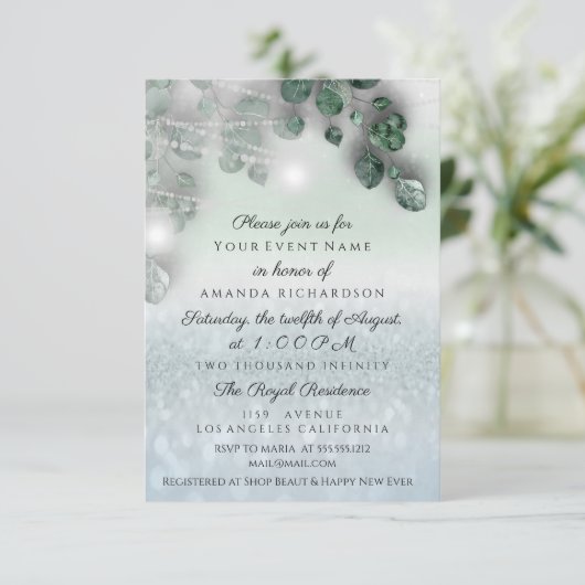 誕生日ブライダルシャワーライトジャール素朴スモーキーブルー 招待状 (スタンド正面)