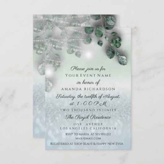 誕生日ブライダルシャワーライトジャール素朴スモーキーブルー 招待状 (正面/裏面)