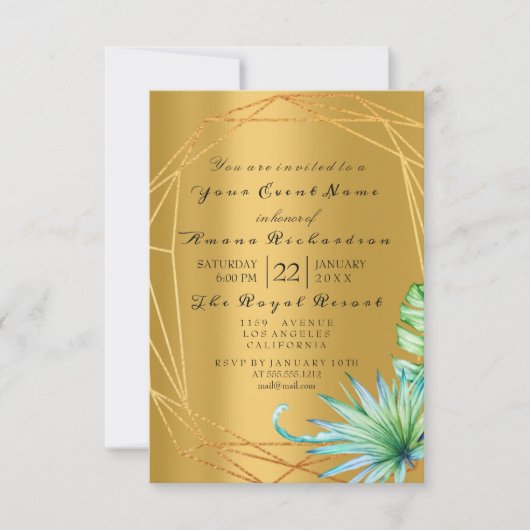 誕生日ブライダルパームミントアクアトロピックモンステラゴル 招待状 (正面)