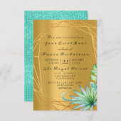 誕生日ブライダルパームミントアクアトロピックモンステラゴル 招待状 (正面/裏面)