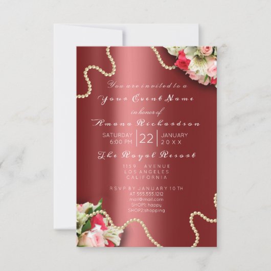 誕生日ブライダルフローラピンクローズバーガンディーパール 招待状 (正面)