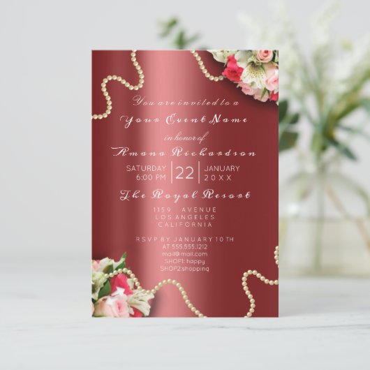 誕生日ブライダルフローラピンクローズバーガンディーパール 招待状 (スタンド正面)
