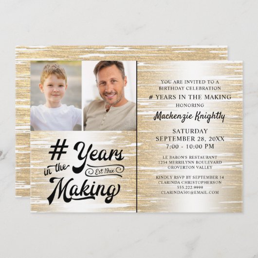 誕生日ブラシ付き金ゴールド年の撮影 招待状 (正面/裏面)