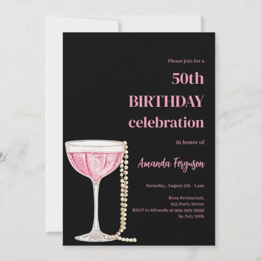 誕生日ブラックきらめくピンクワイン真珠 招待状 (正面)