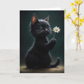 誕生日ブラックキッテンホールディングザホワイトデイジー カード (黄色い花)