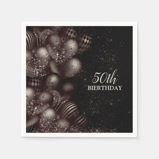 誕生日ブラックグリッターバルーン輝くパーティー スタンダードカクテルナプキン (正面)