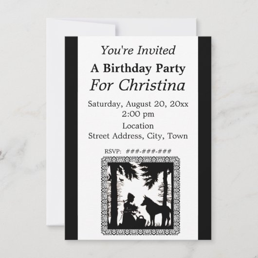 誕生日ブラックシルエットレッドライディングフードウルフ 招待状 (正面)