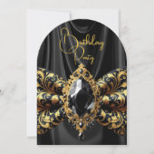 誕生日ブラックシルクフェイク金ゴールドジュエルペイズリー 招待状 (正面)