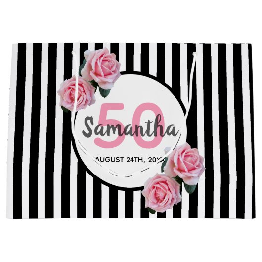 誕生日ブラックストライプ花模様モノグラム ラージペーパーバッグ (正面)