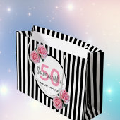 誕生日ブラックストライプ花模様モノグラム ラージペーパーバッグ