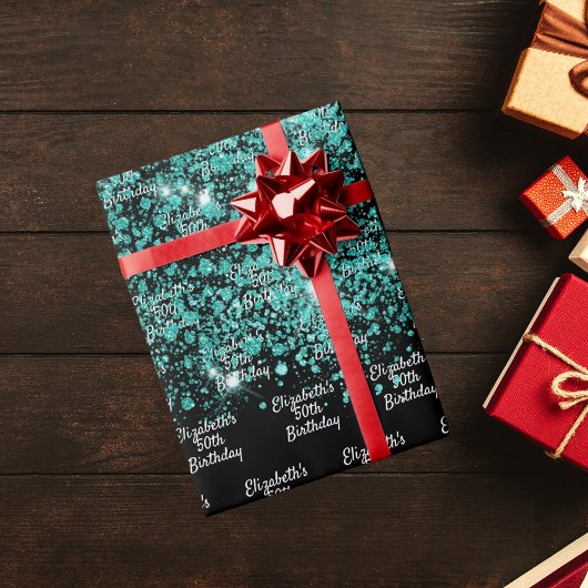 誕生日ブラックティール(緑がかった色)グリーングリッターダスト名 ラッピングペーパー