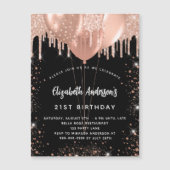 誕生日ブラックバラ金ゴールドグリッターバルーン高級 マグネット招待状 (正面)