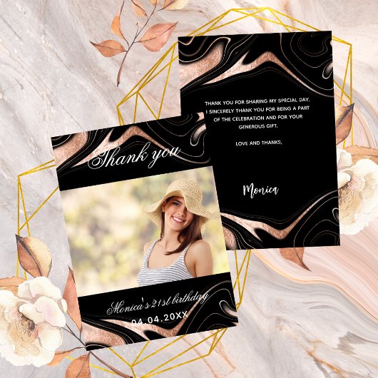 誕生日ブラックバラ金ゴールド写真サンキューカード 招待状