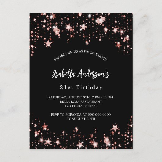 誕生日ブラックバラ金ゴールド星 インビテーションポストカード (正面)